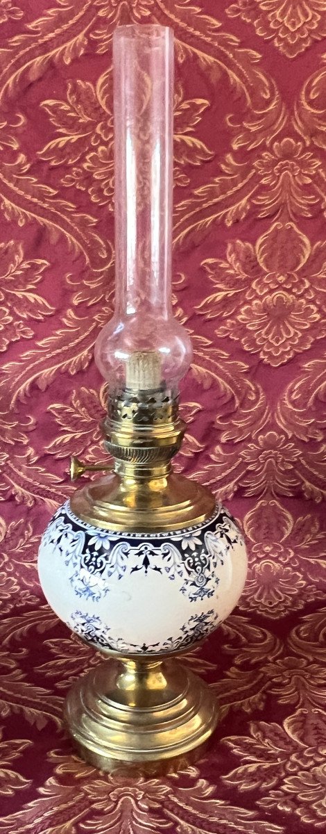 Oil Lamp In Brass And Earthenware, Rouen Decor. 19th Century