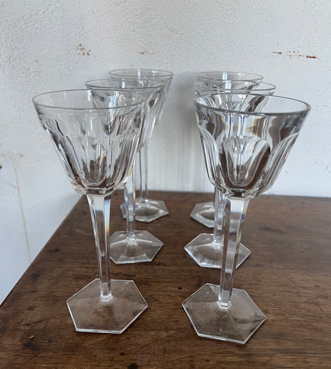 6 Baccarat Crystal White Wine Glasses Art Deco Period Height 19 Cm