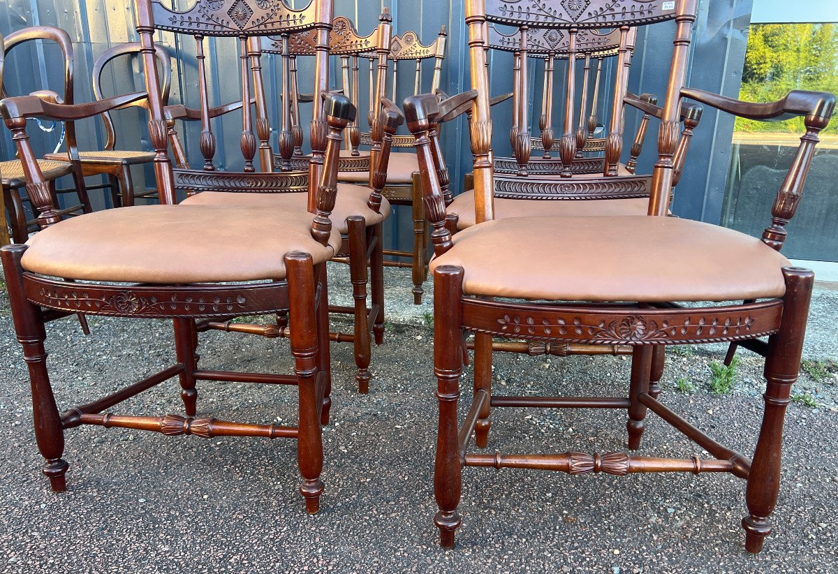 Set Of Six Louis XVI Style Provencal Mahogany Armchairs-photo-2