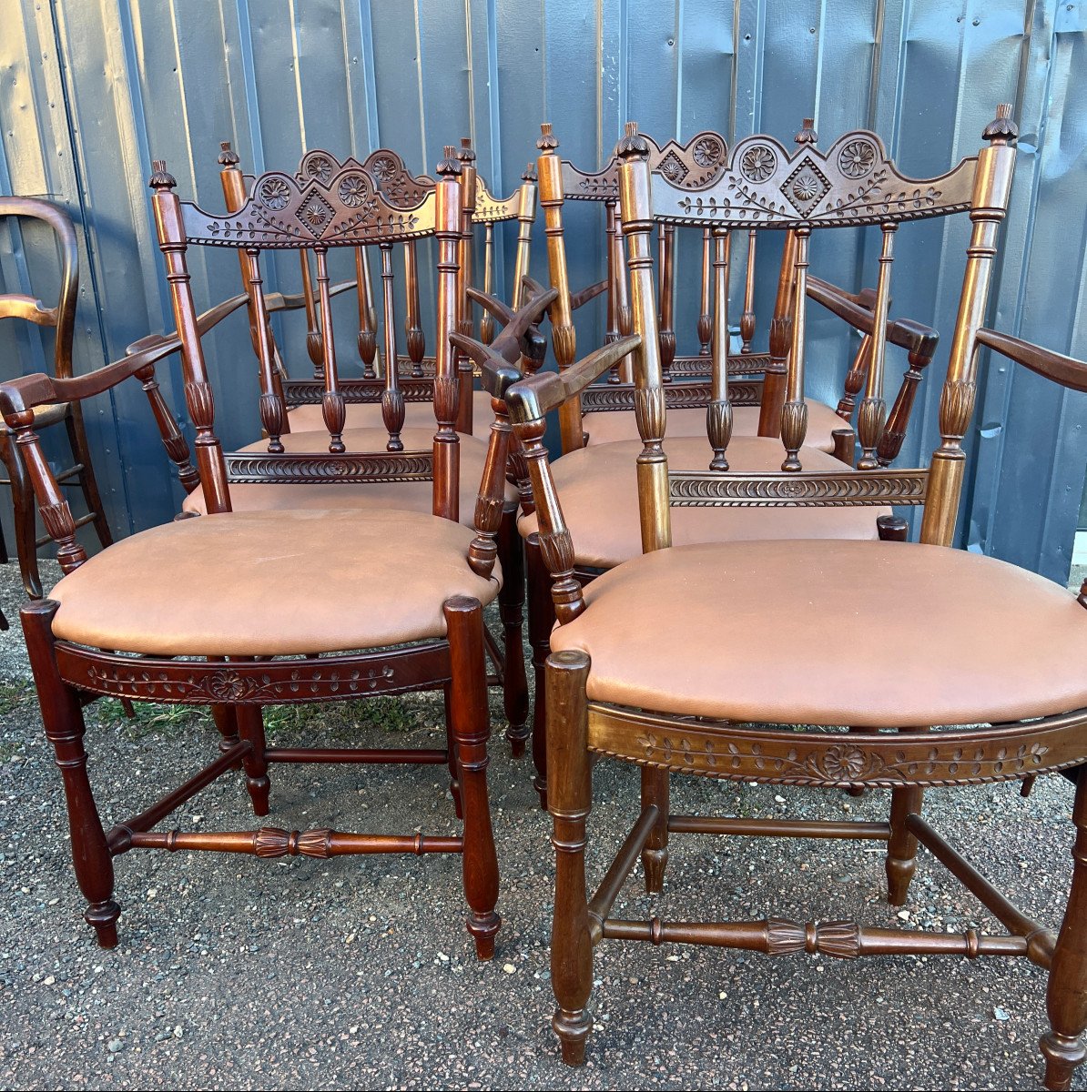 Set Of Six Louis XVI Style Provencal Mahogany Armchairs-photo-4