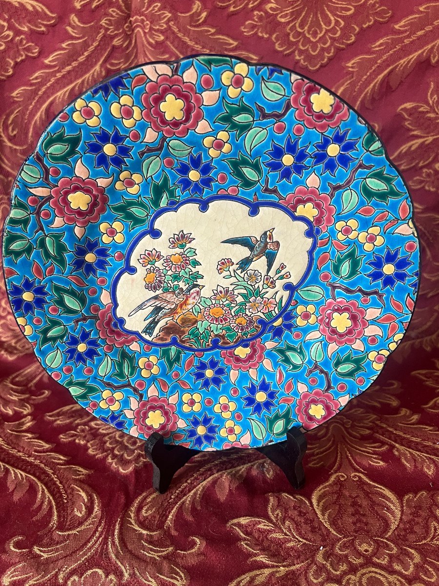 Longwy Plate Decorated With Flowers And Birds-photo-2