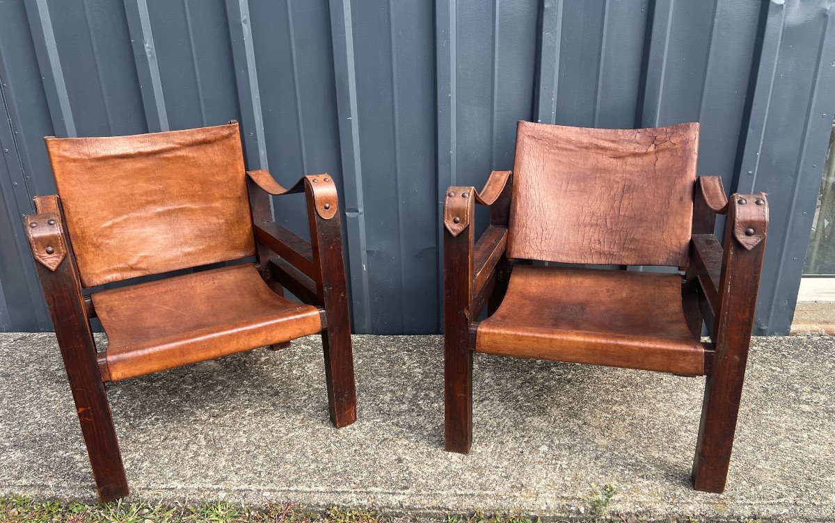 Pair Of Wooden And Leather Armchairs Called Safari-photo-2