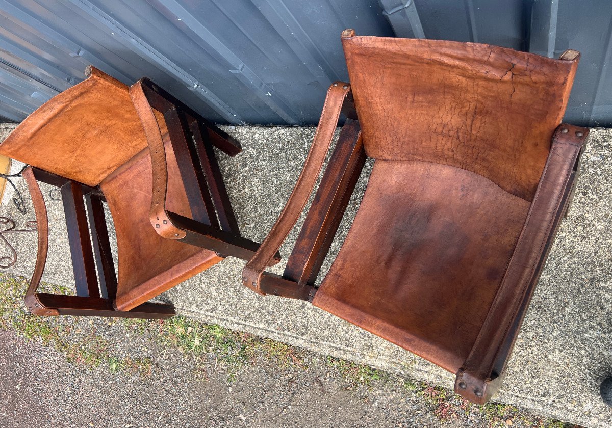 Pair Of Wooden And Leather Armchairs Called Safari-photo-3