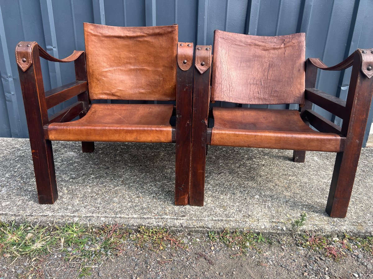 Pair Of Wooden And Leather Armchairs Called Safari-photo-4