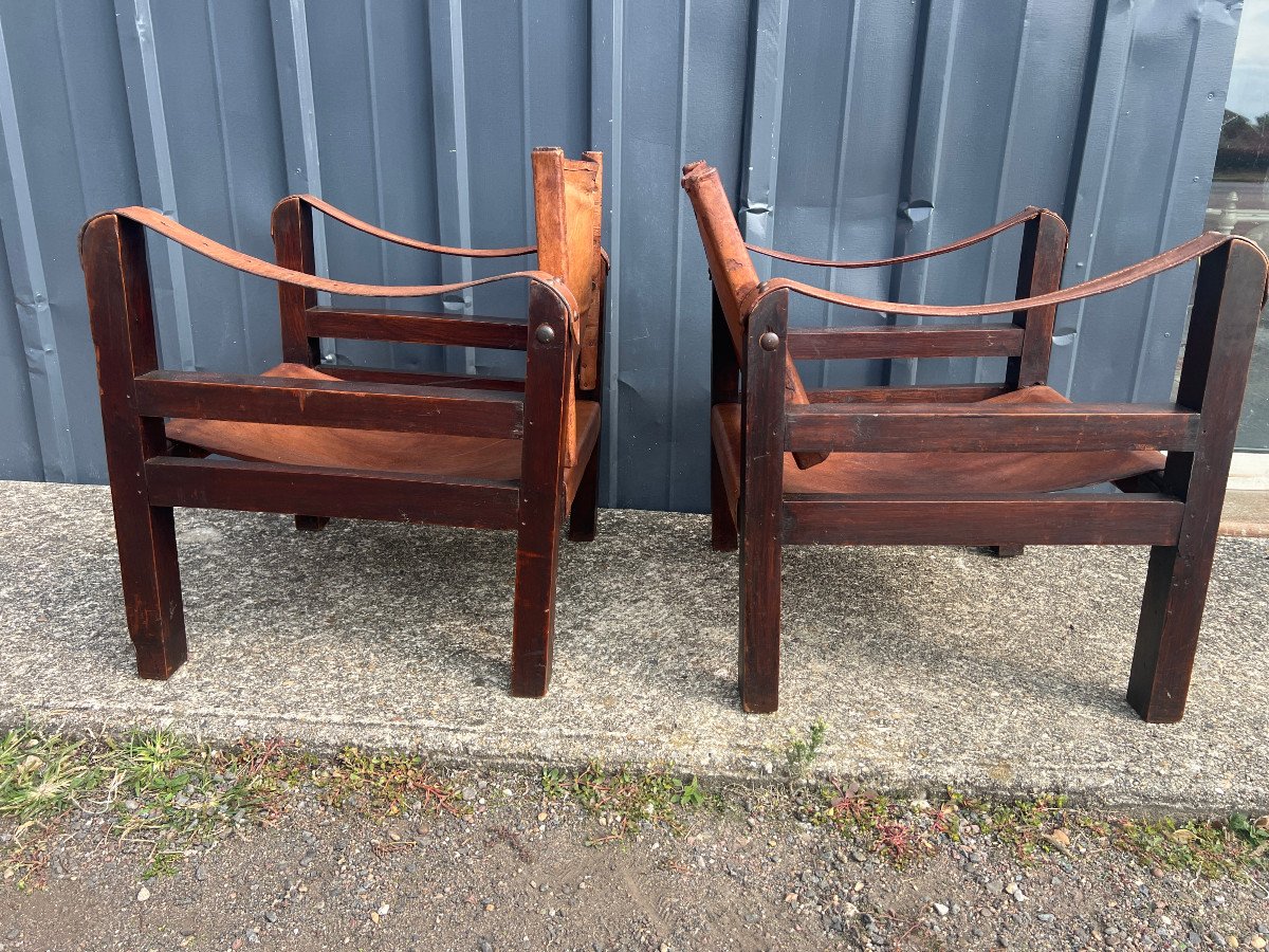 Pair Of Wooden And Leather Armchairs Called Safari-photo-1