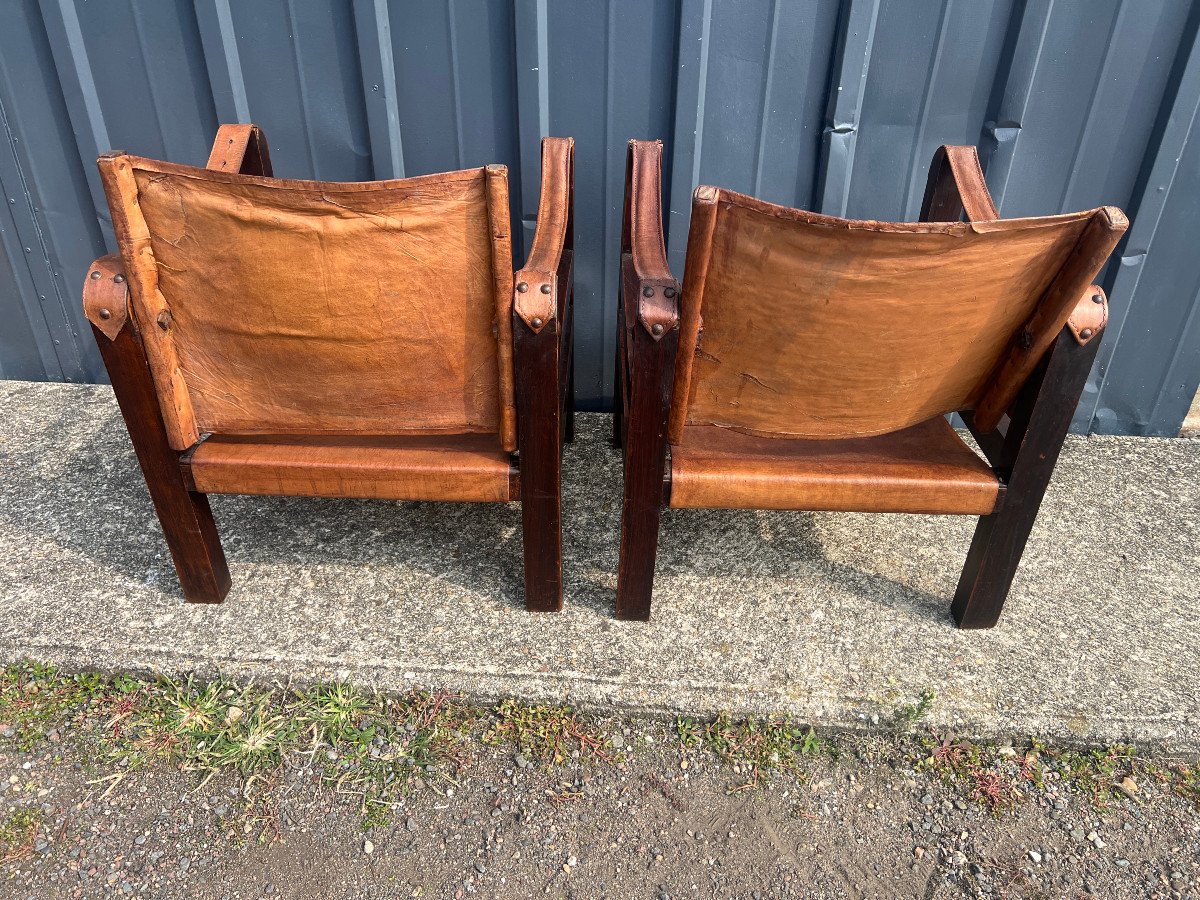 Pair Of Wooden And Leather Armchairs Called Safari-photo-2