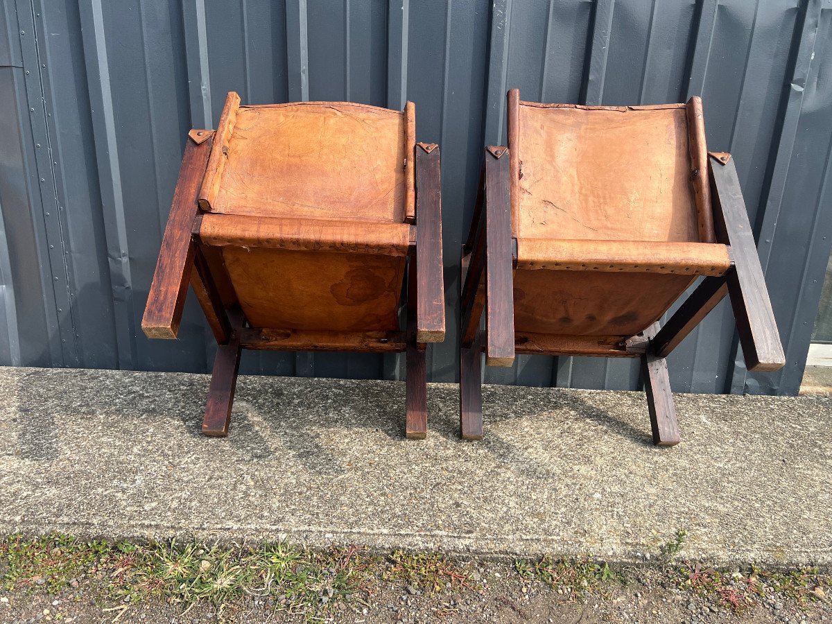 Pair Of Wooden And Leather Armchairs Called Safari-photo-3