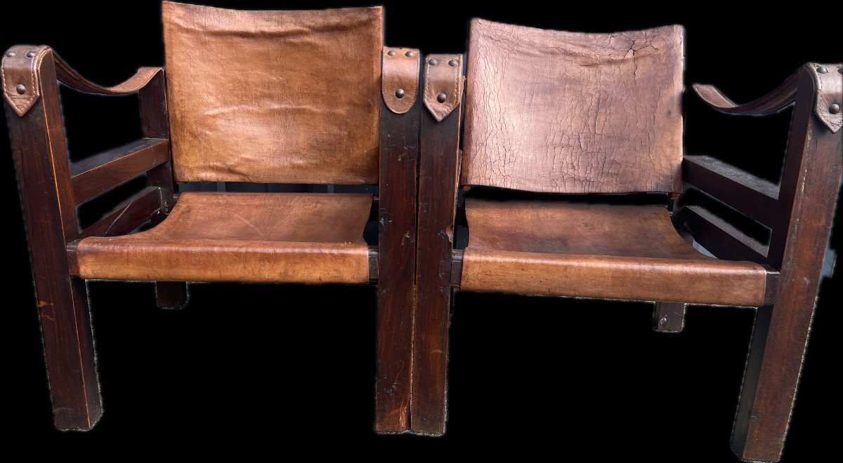 Pair Of Wooden And Leather Armchairs Called Safari