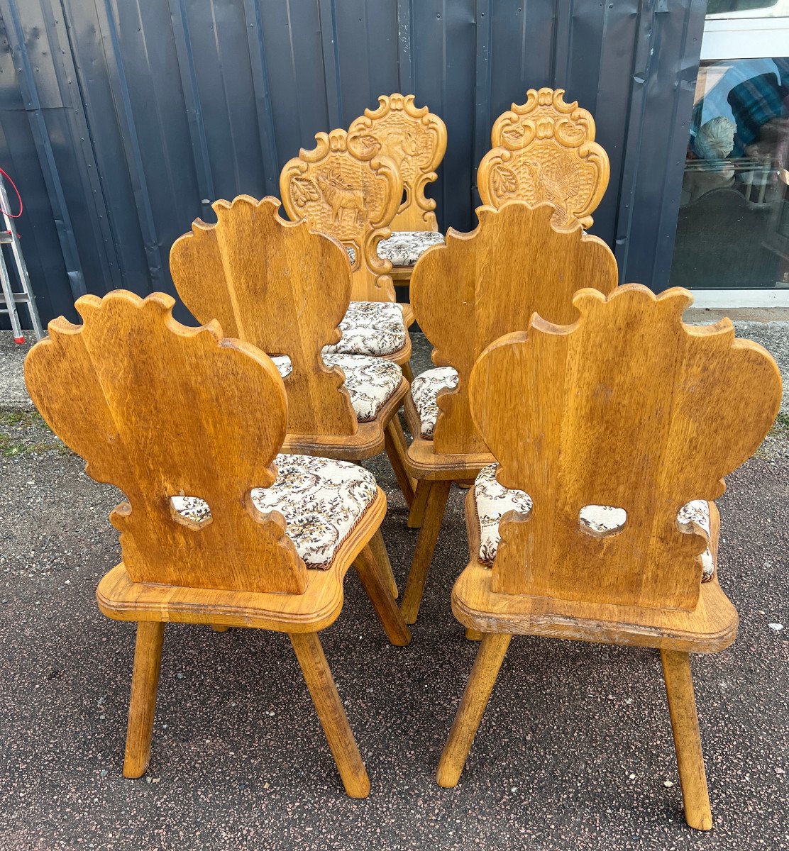 8 Chairs Carved In Solid Oak, Hunting Theme-photo-2