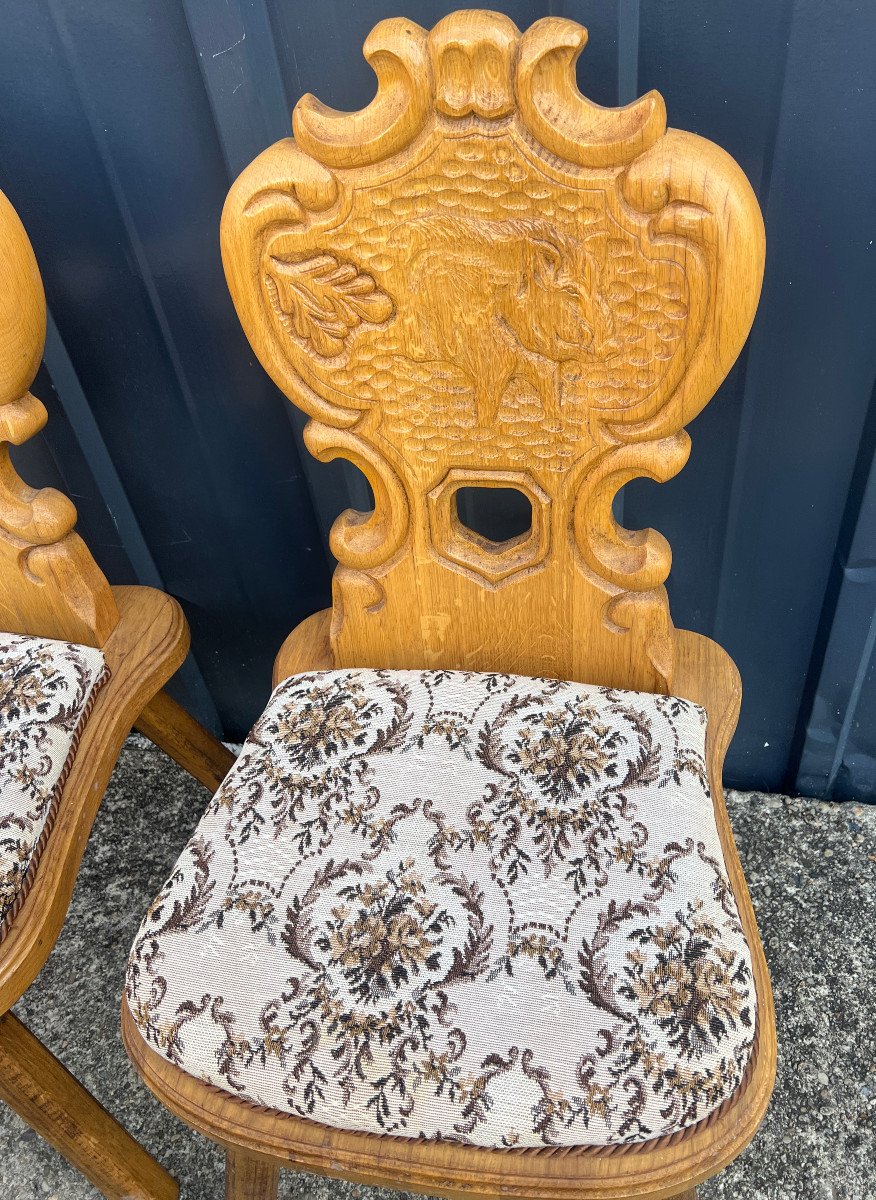 8 Chairs Carved In Solid Oak, Hunting Theme-photo-3