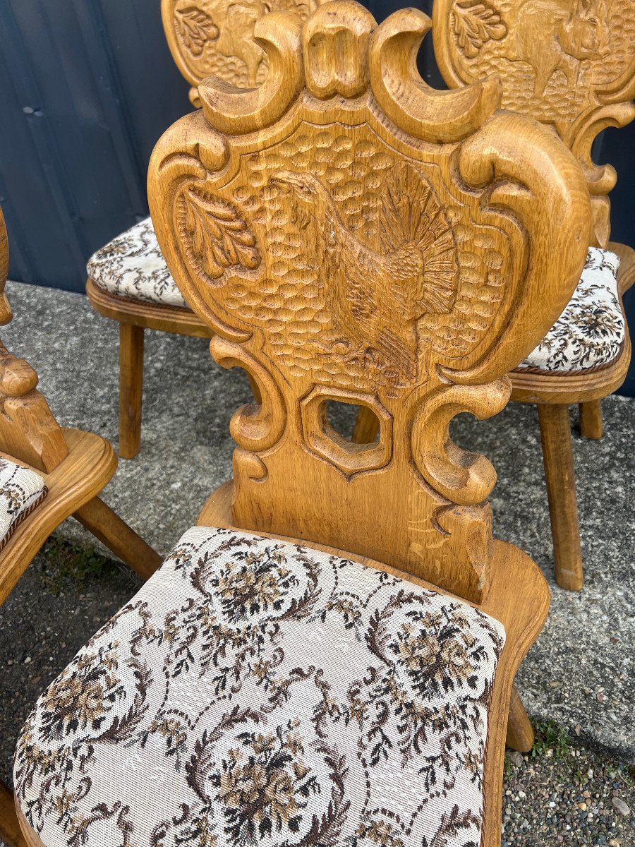 8 Chairs Carved In Solid Oak, Hunting Theme-photo-4