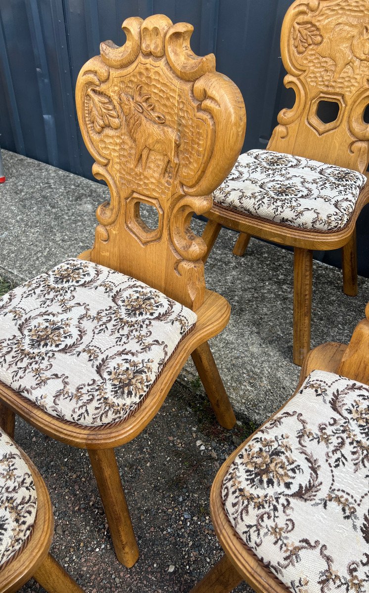 8 Chairs Carved In Solid Oak, Hunting Theme-photo-1