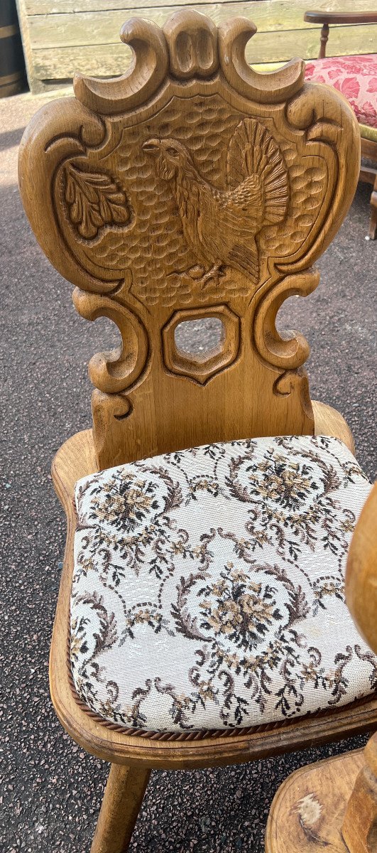 8 Chairs Carved In Solid Oak, Hunting Theme-photo-3