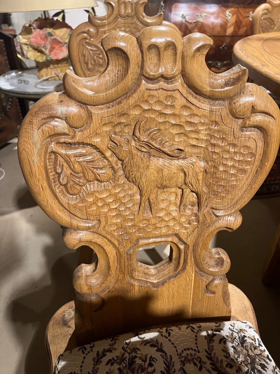 8 Chairs Carved In Solid Oak, Hunting Theme-photo-5