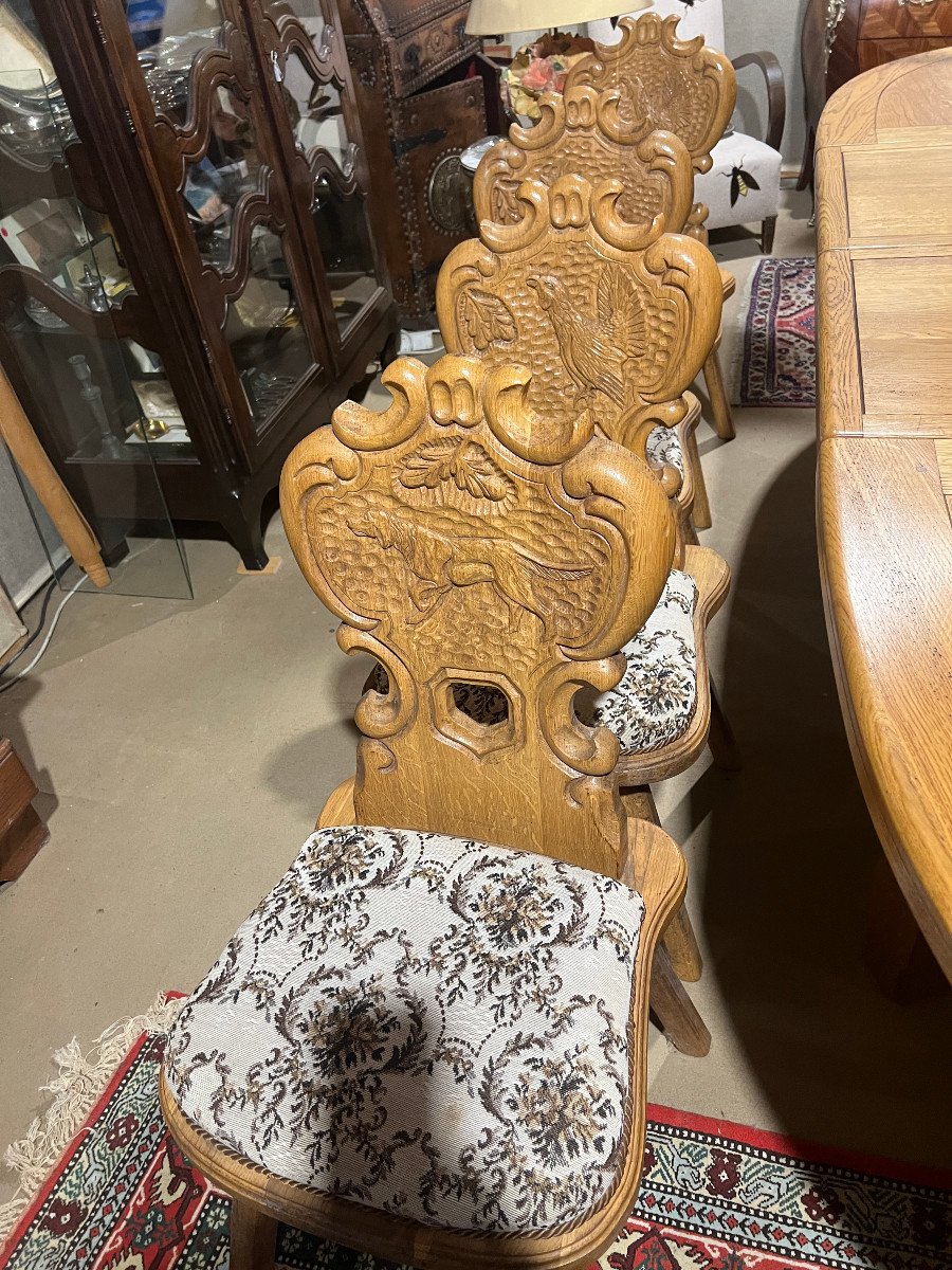 8 Chairs Carved In Solid Oak, Hunting Theme-photo-7