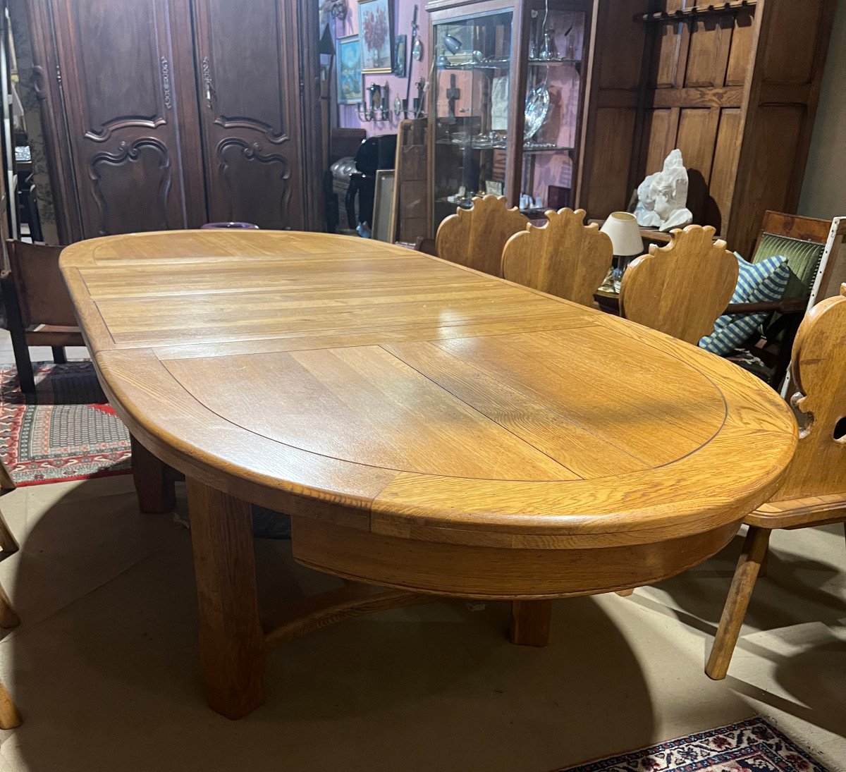 Large Rustic Oval Table In Solid Oak With 2 Extensions