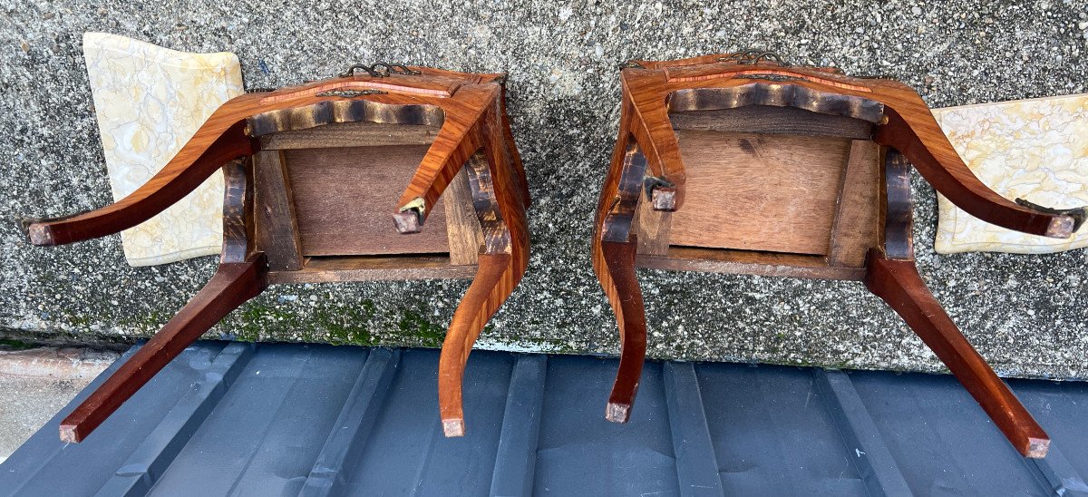 Paire De Tables De Chevet Marquetées , Dessus Marbre Style Louis XV-photo-3