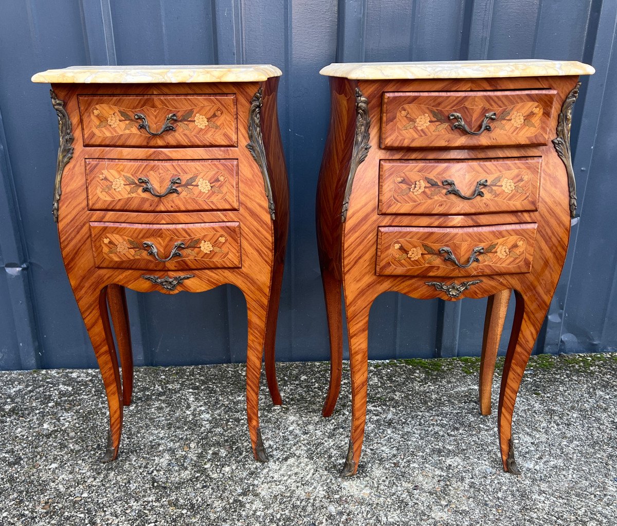 Paire De Tables De Chevet Marquetées , Dessus Marbre Style Louis XV-photo-4