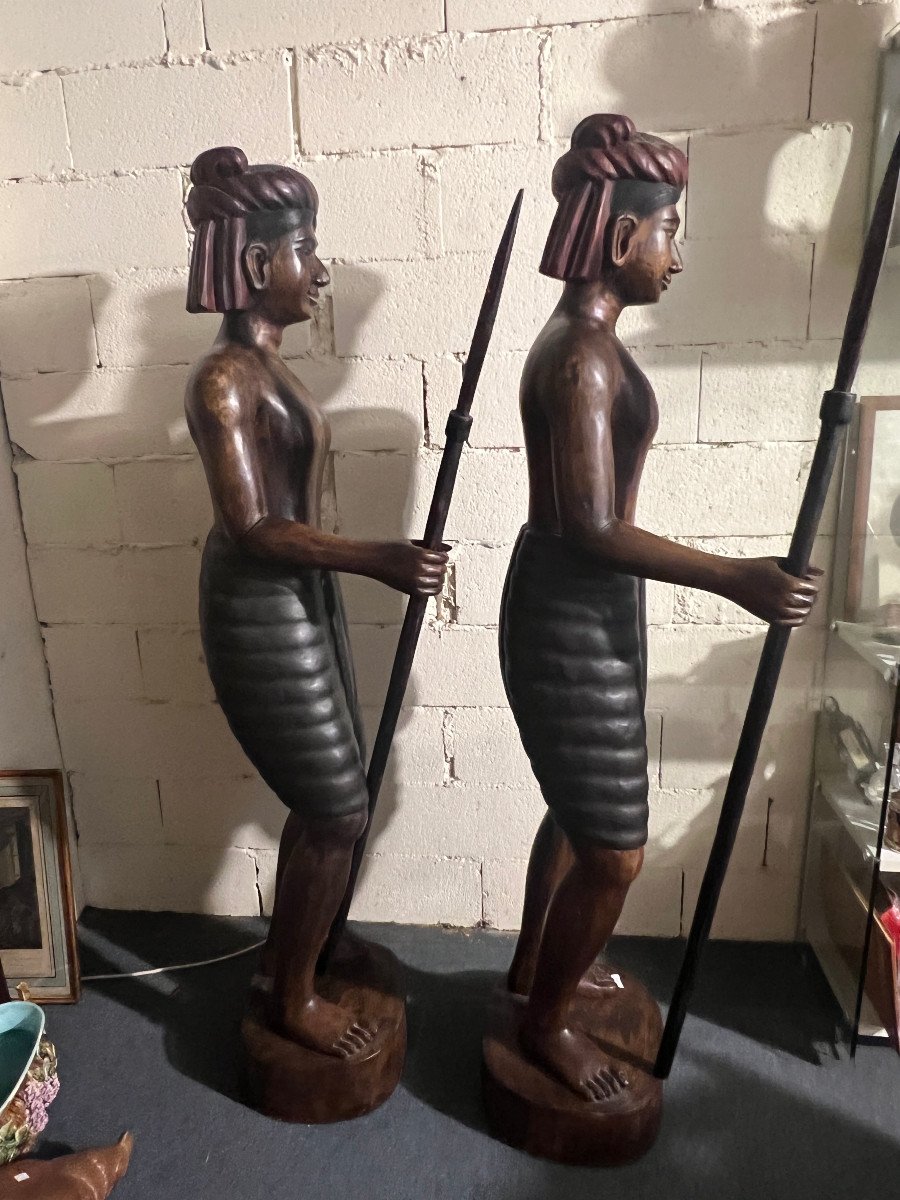 Sculptures Of Men With Spears And Turbans, Carved Wood-photo-2