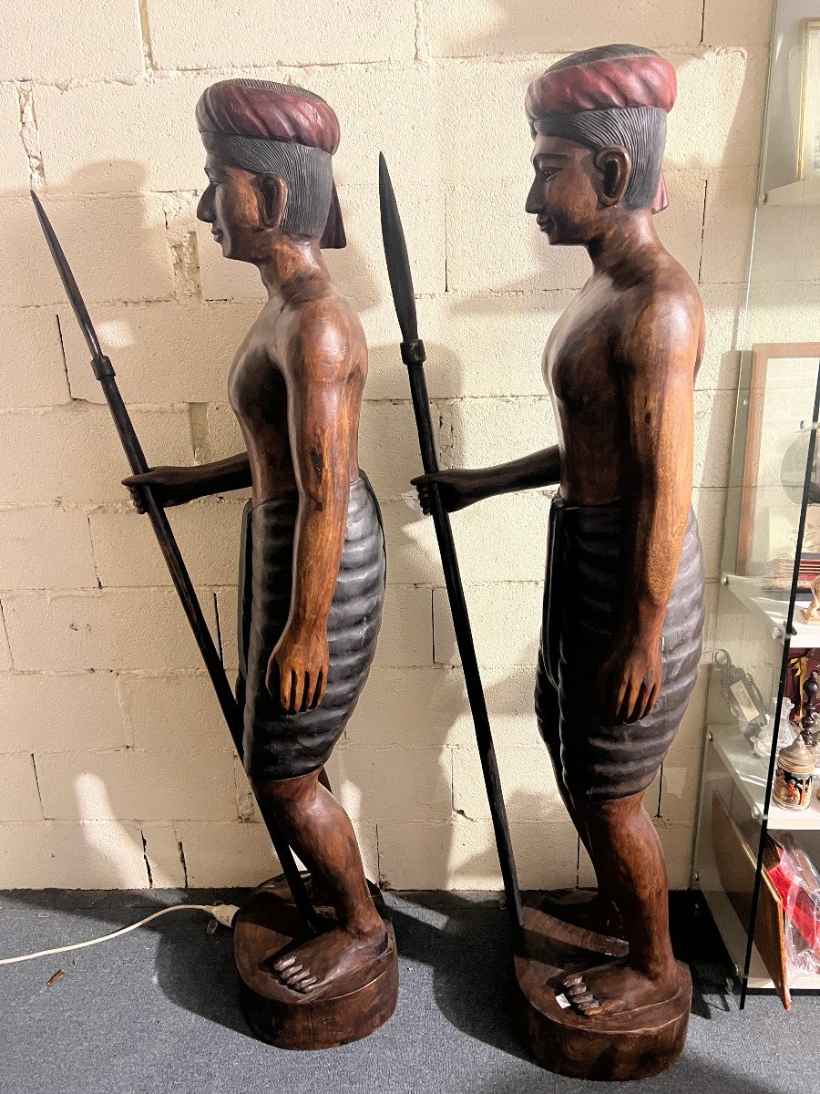 Sculptures Of Men With Spears And Turbans, Carved Wood-photo-3