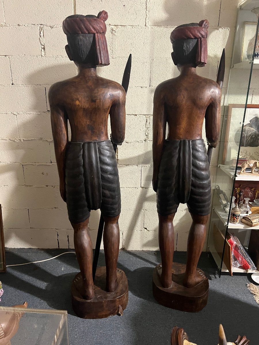 Sculptures Of Men With Spears And Turbans, Carved Wood-photo-4