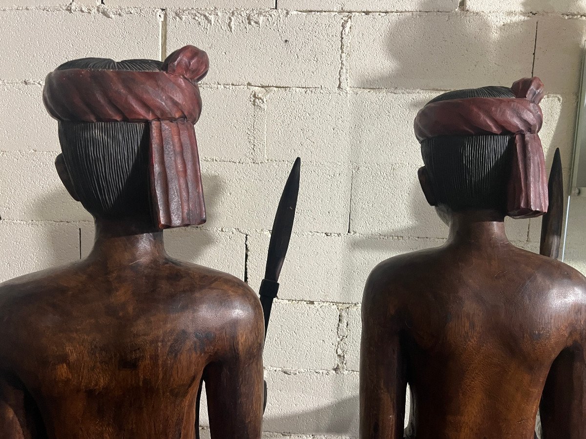 Sculptures Of Men With Spears And Turbans, Carved Wood-photo-4