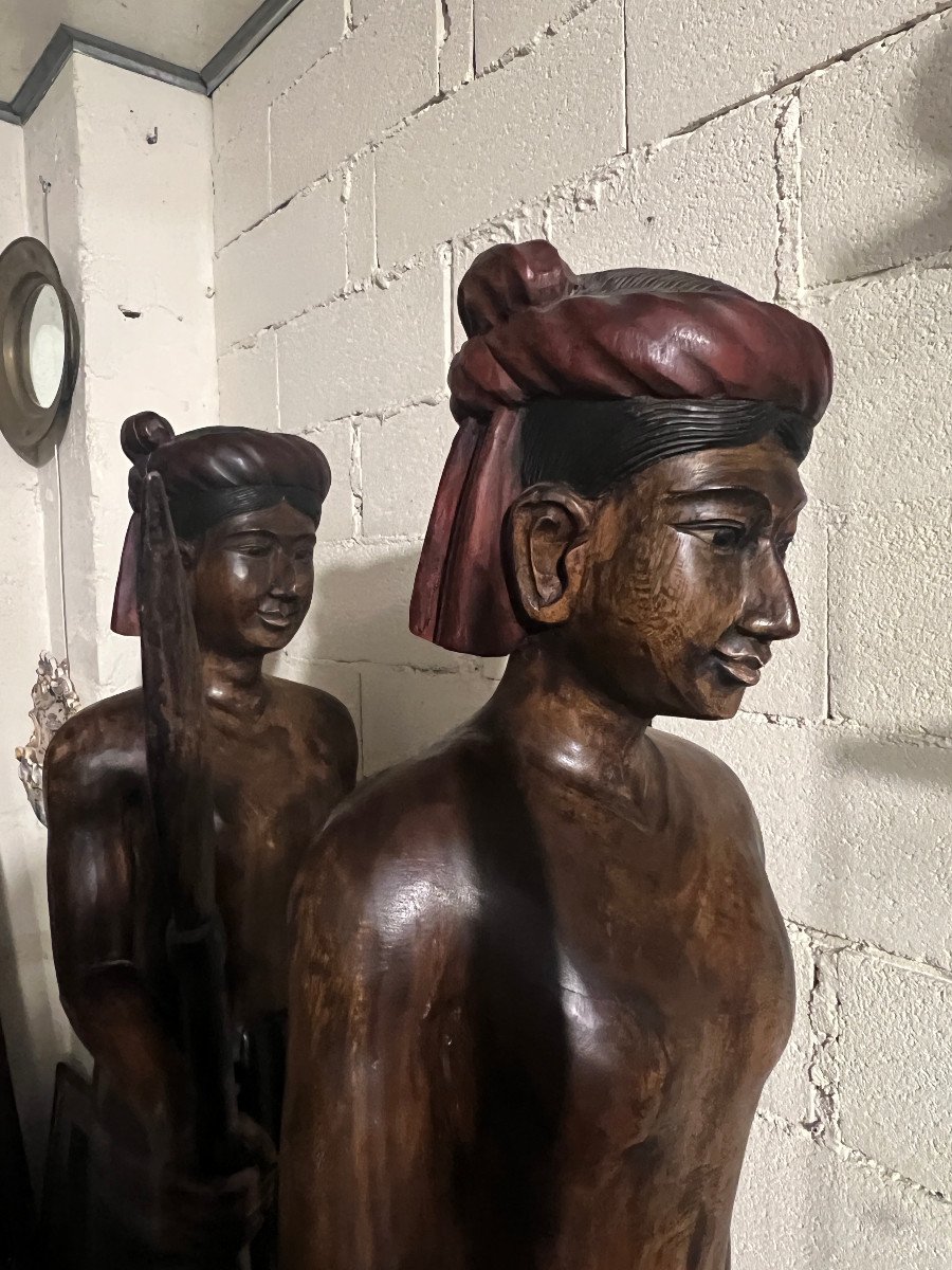 Sculptures Of Men With Spears And Turbans, Carved Wood-photo-5