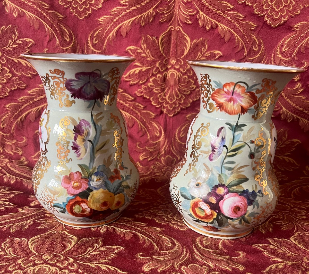 Pair Of Porcelain Baluster Vases With Flower And Gold Decor, Celadon Background-photo-2