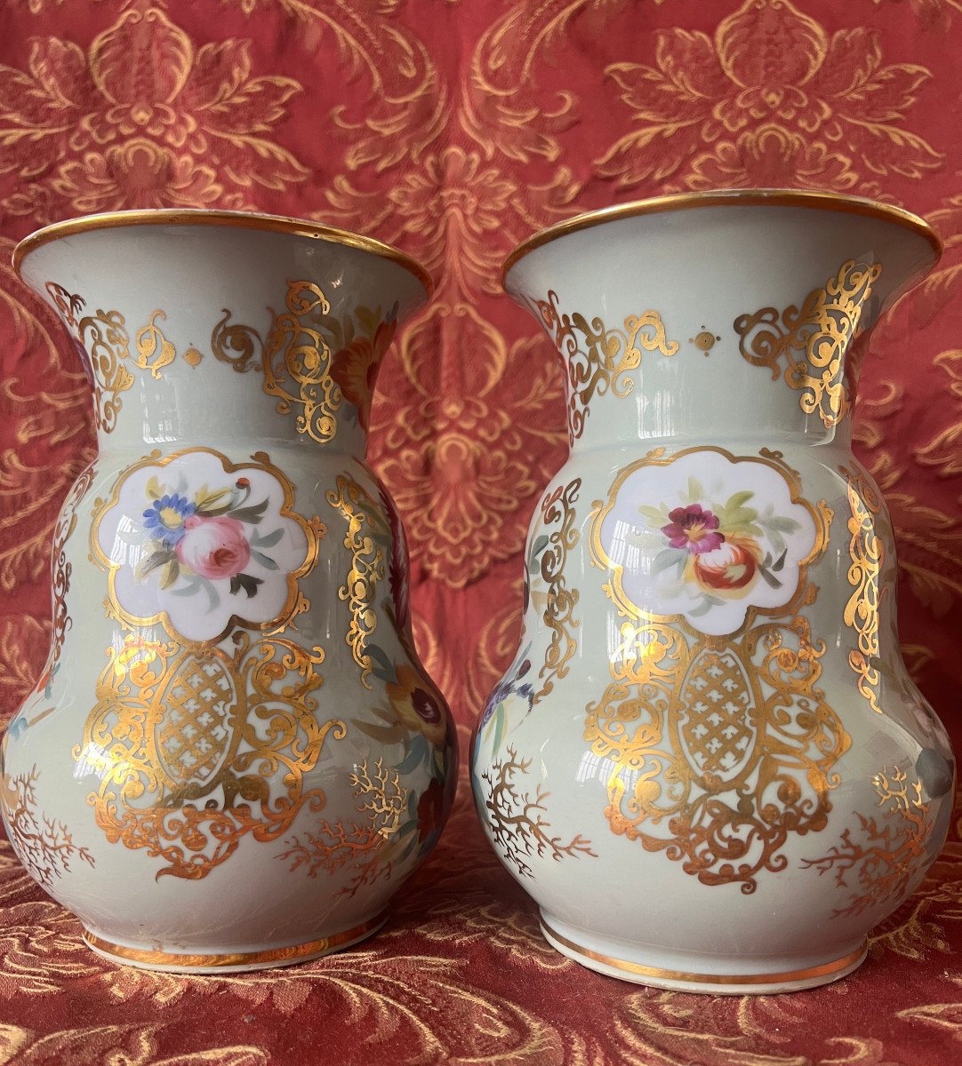 Pair Of Porcelain Baluster Vases With Flower And Gold Decor, Celadon Background-photo-3