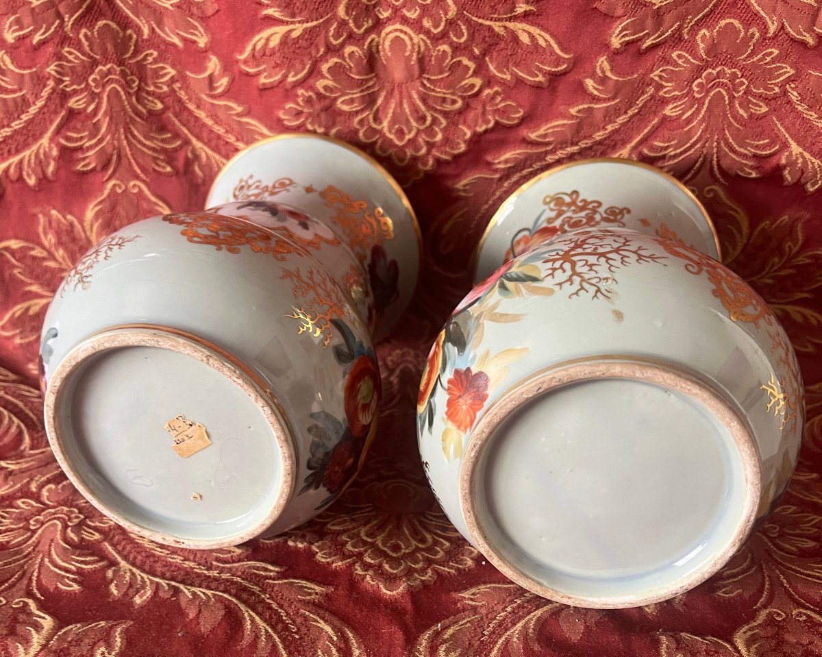 Pair Of Porcelain Baluster Vases With Flower And Gold Decor, Celadon Background-photo-4