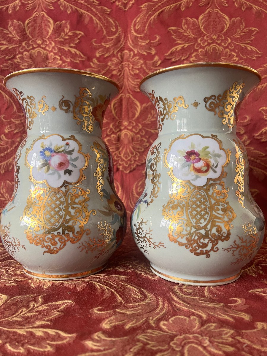 Pair Of Porcelain Baluster Vases With Flower And Gold Decor, Celadon Background-photo-2