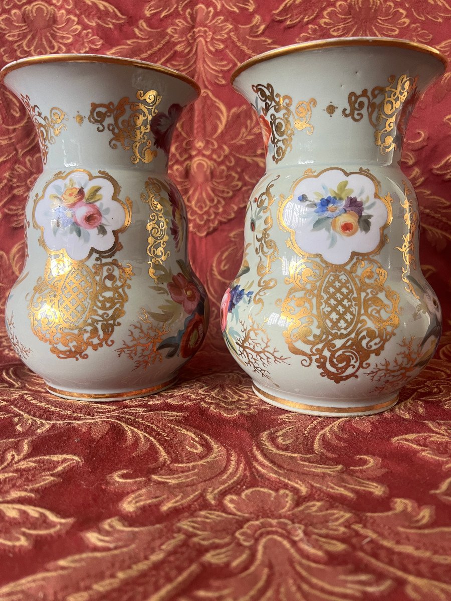 Pair Of Porcelain Baluster Vases With Flower And Gold Decor, Celadon Background-photo-3