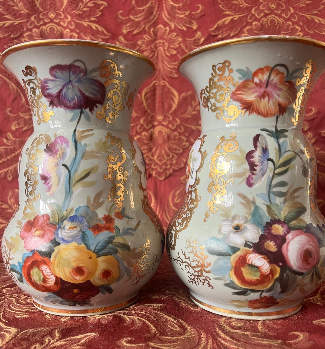 Pair Of Porcelain Baluster Vases With Flower And Gold Decor, Celadon Background