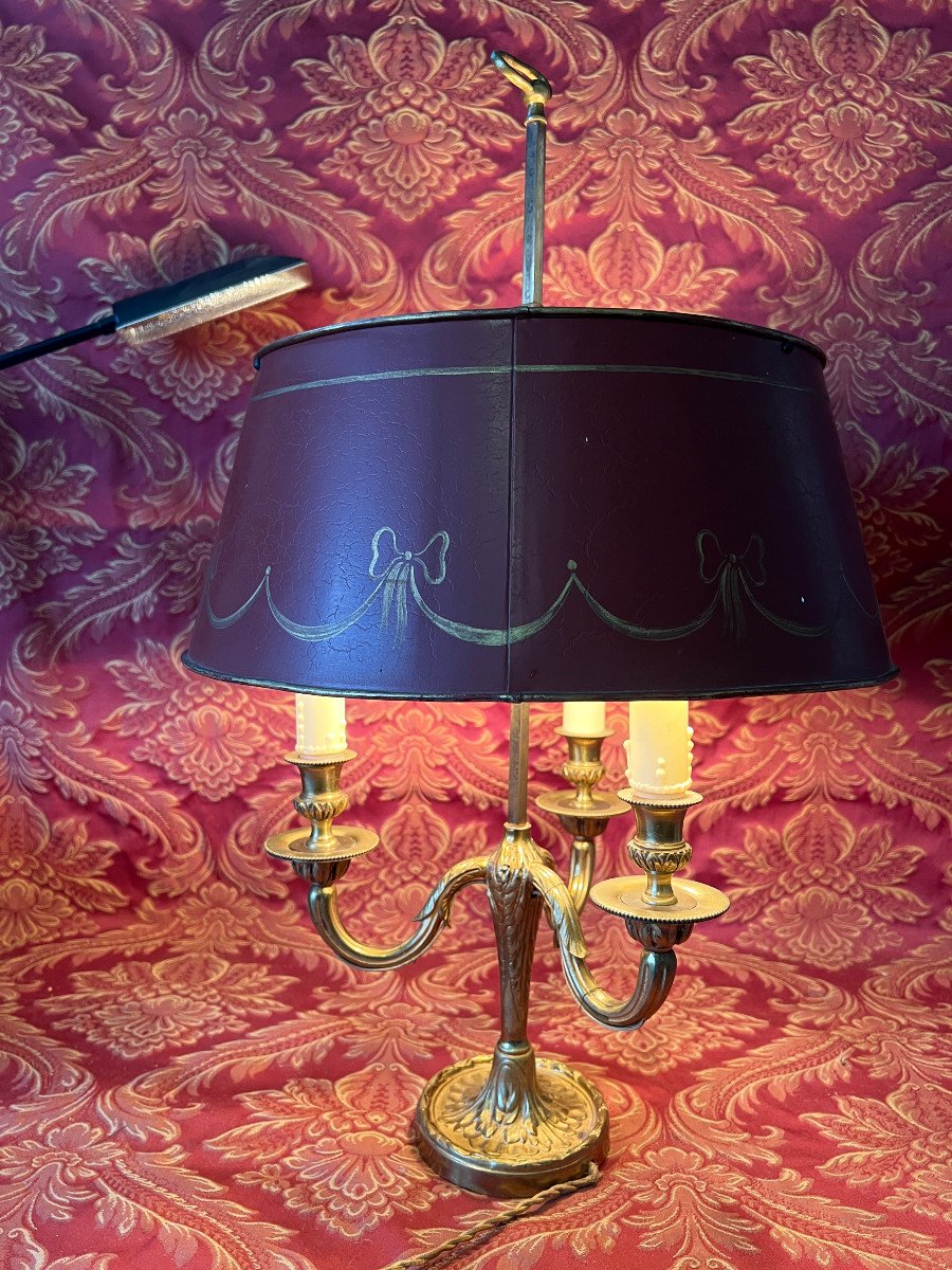 Lampe Bouillotte, Style L XVI, En Bronze Doré Et Abat-jour Tole Peinte-photo-3