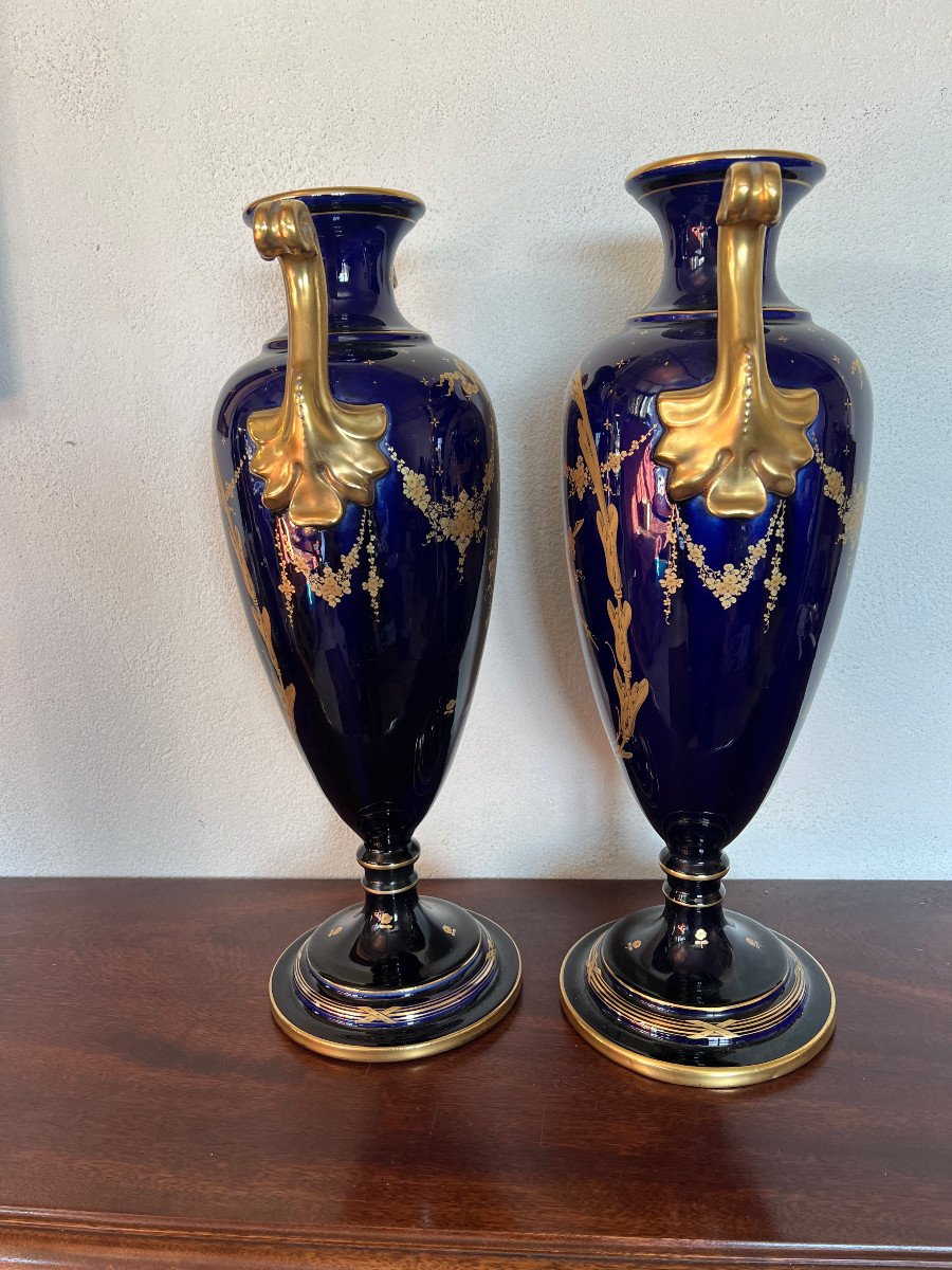 Pair Of Louis XVI Directoire Style Vases, Blue Oven, In Tour Earthenware, Asch-photo-3