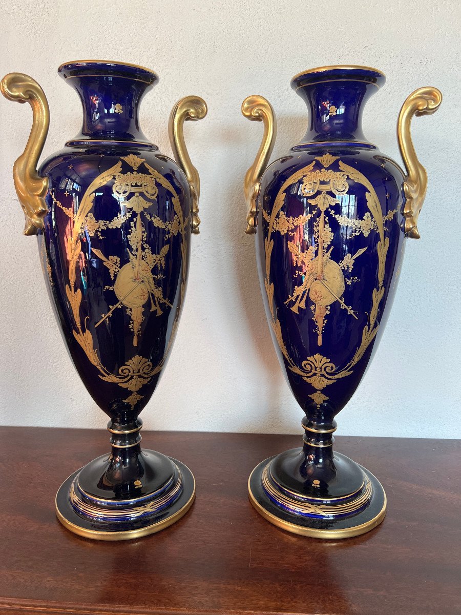 Pair Of Louis XVI Directoire Style Vases, Blue Oven, In Tour Earthenware, Asch-photo-4