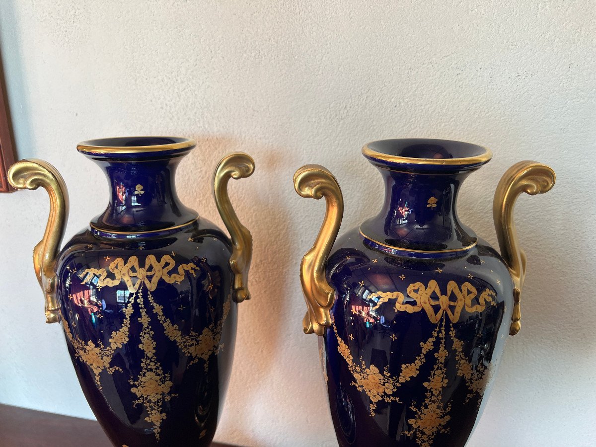 Pair Of Louis XVI Directoire Style Vases, Blue Oven, In Tour Earthenware, Asch-photo-1