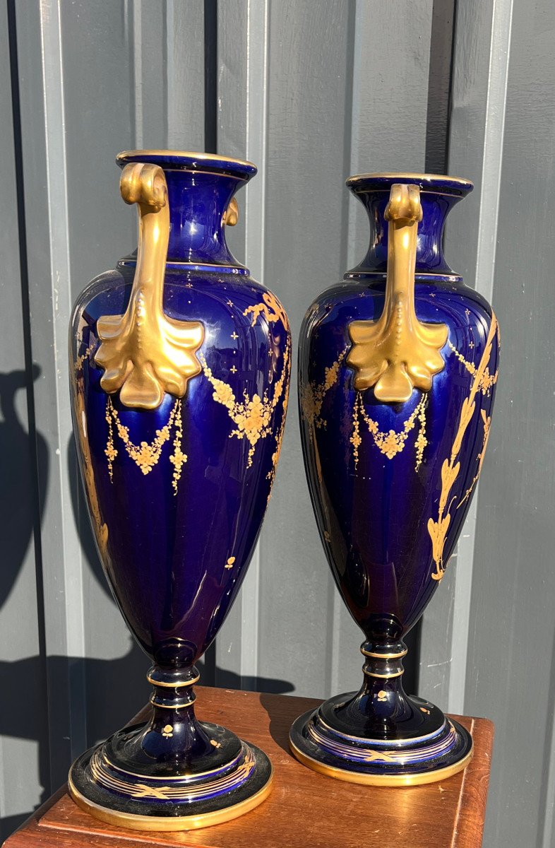 Pair Of Louis XVI Directoire Style Vases, Blue Oven, In Tour Earthenware, Asch-photo-8