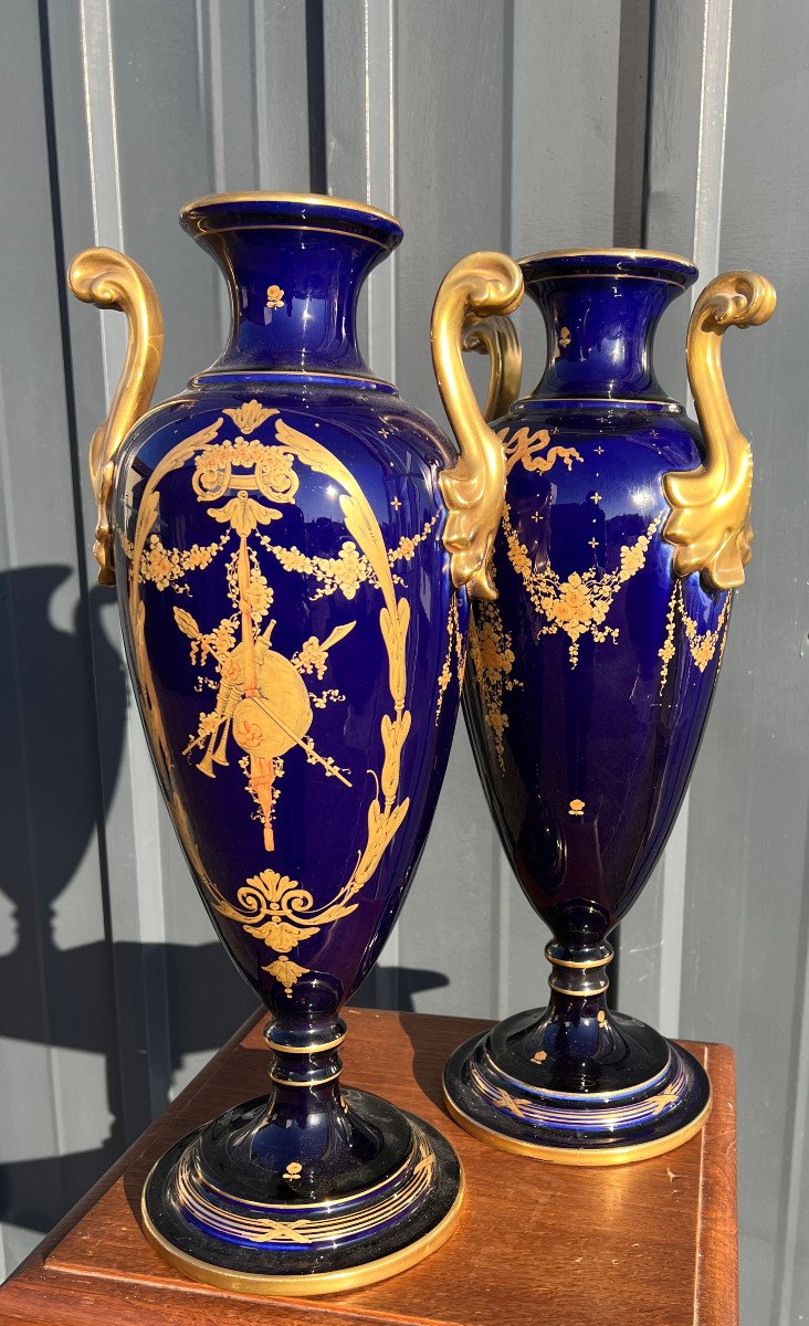 Pair Of Louis XVI Directoire Style Vases, Blue Oven, In Tour Earthenware, Asch