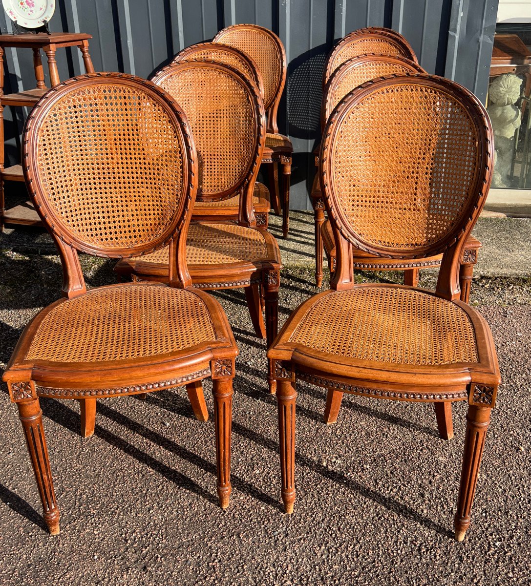 Set Of Eight Louis XVI Style Caned Chairs, Natural Wood