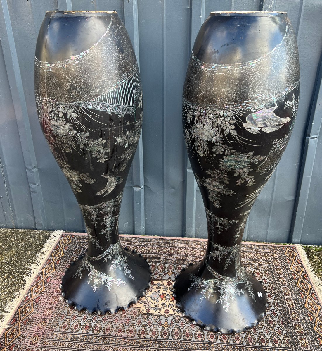 Pair Of Black Corroles Vases, Porcelain, Decorated With Birds And Plants In Mother-of-pearl, Japan.-photo-2