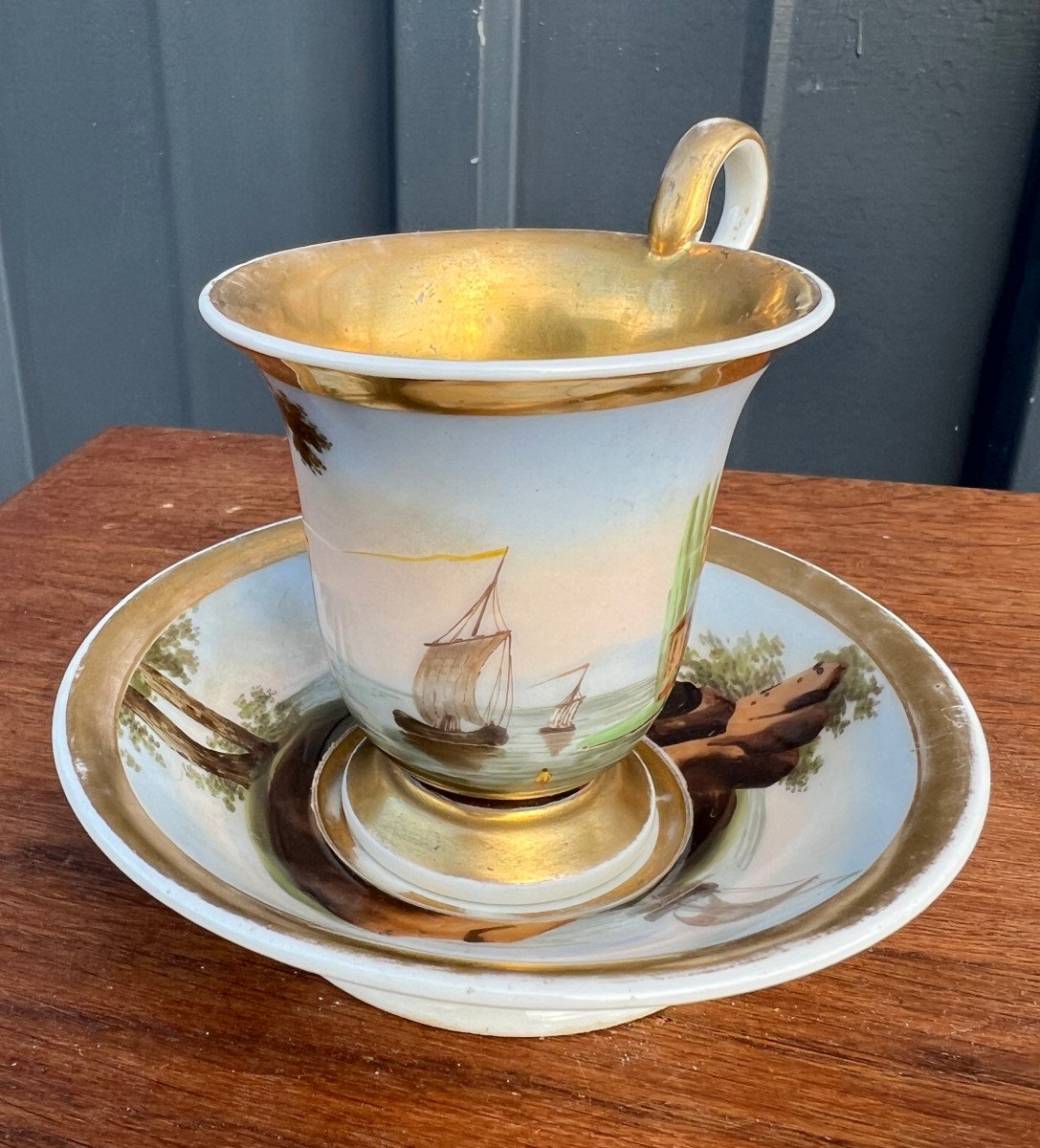 Cup And Saucer, Porcelain, Old Paris Marine Decor