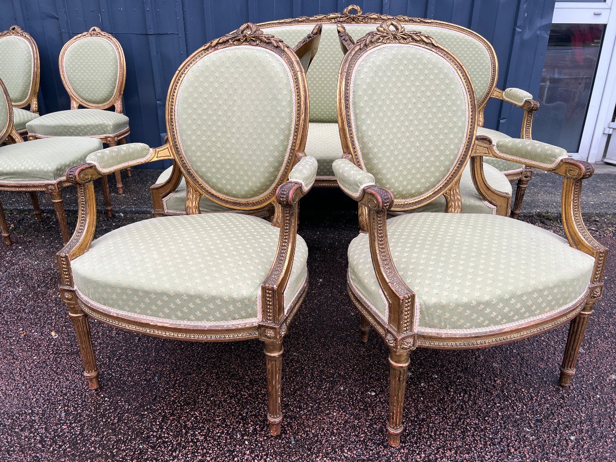 Salon De Style Louis XVI Bois Doré: Canapé, 4 Fauteuils,4 Chaises-photo-4