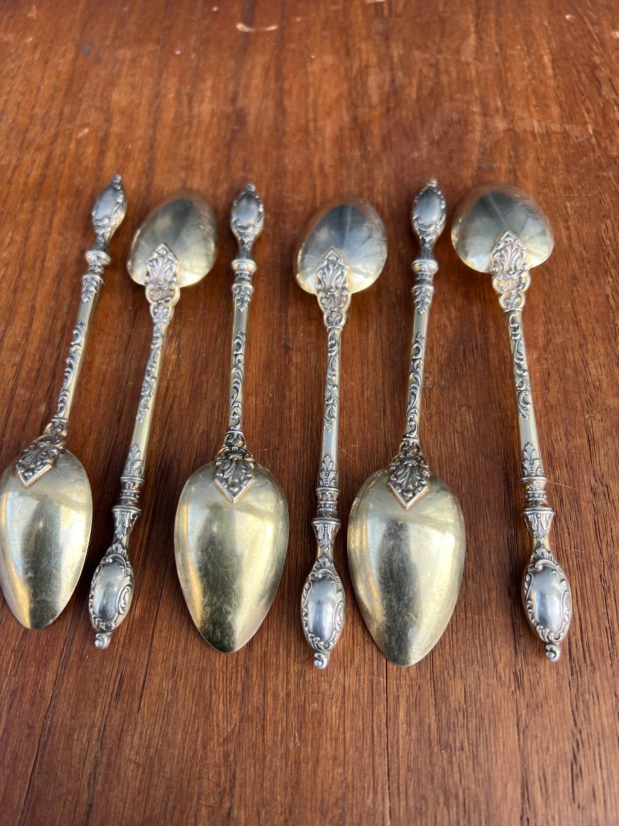 6 Solid Silver Dessert Spoons, Russian Style, Rocaille Style 74g-photo-2