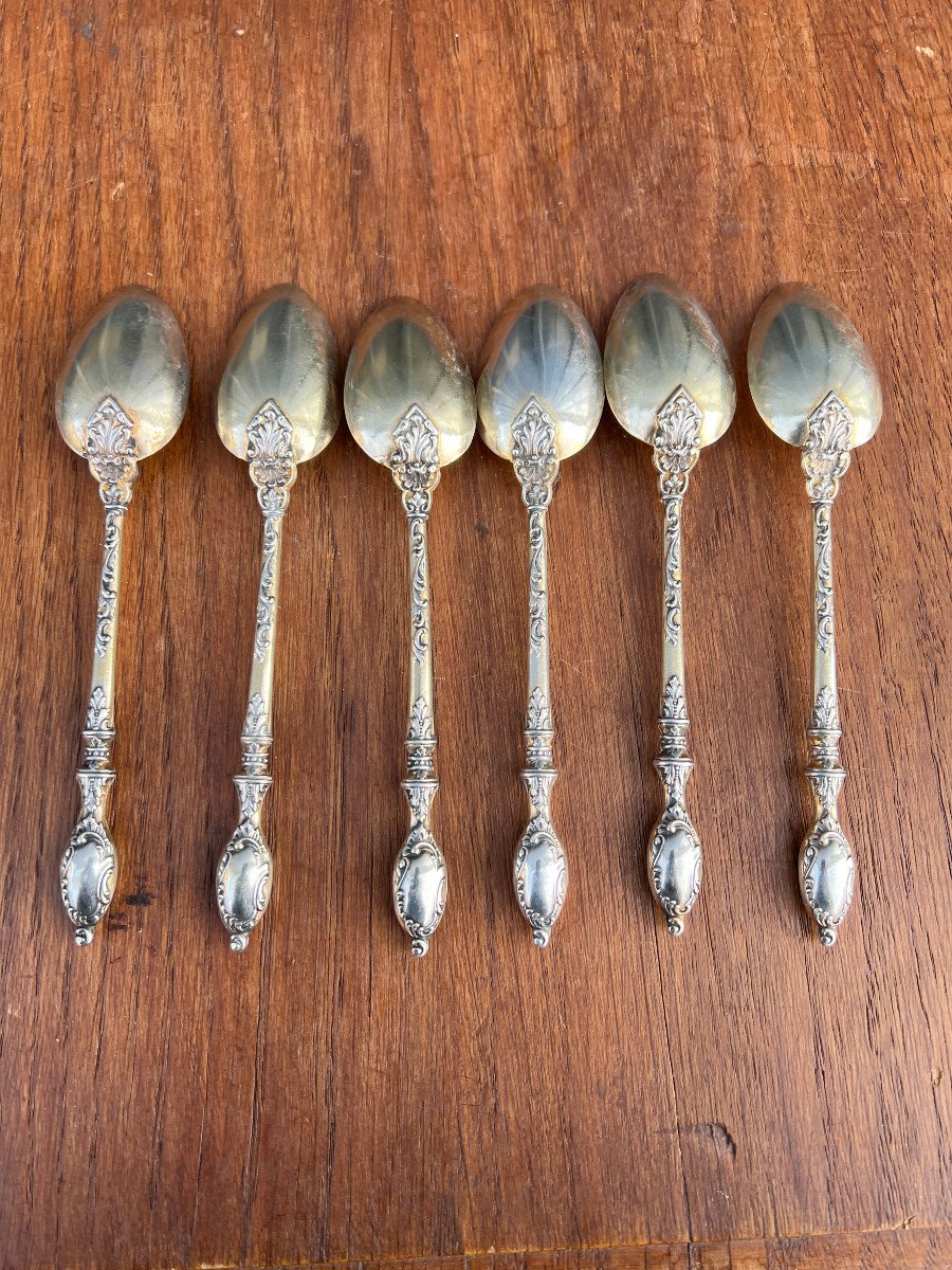 6 Solid Silver Dessert Spoons, Russian Style, Rocaille Style 74g-photo-3