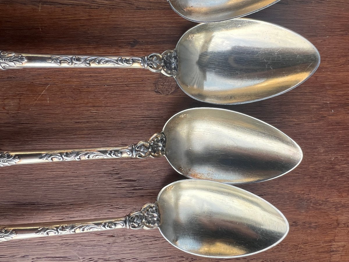 6 Solid Silver Dessert Spoons, Russian Style, Rocaille Style 74g-photo-7