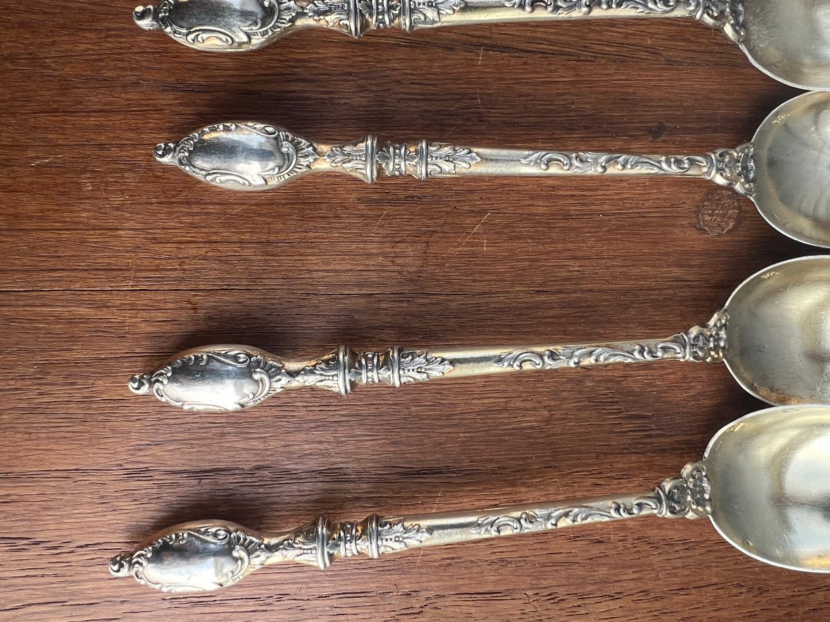 6 Solid Silver Dessert Spoons, Russian Style, Rocaille Style 74g-photo-8