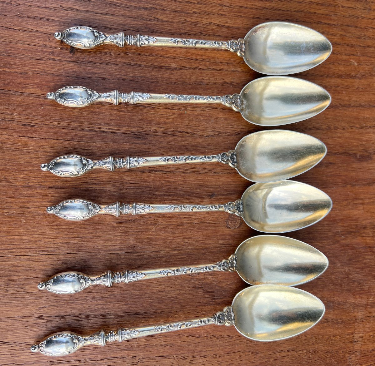 6 Solid Silver Dessert Spoons, Russian Style, Rocaille Style 74g