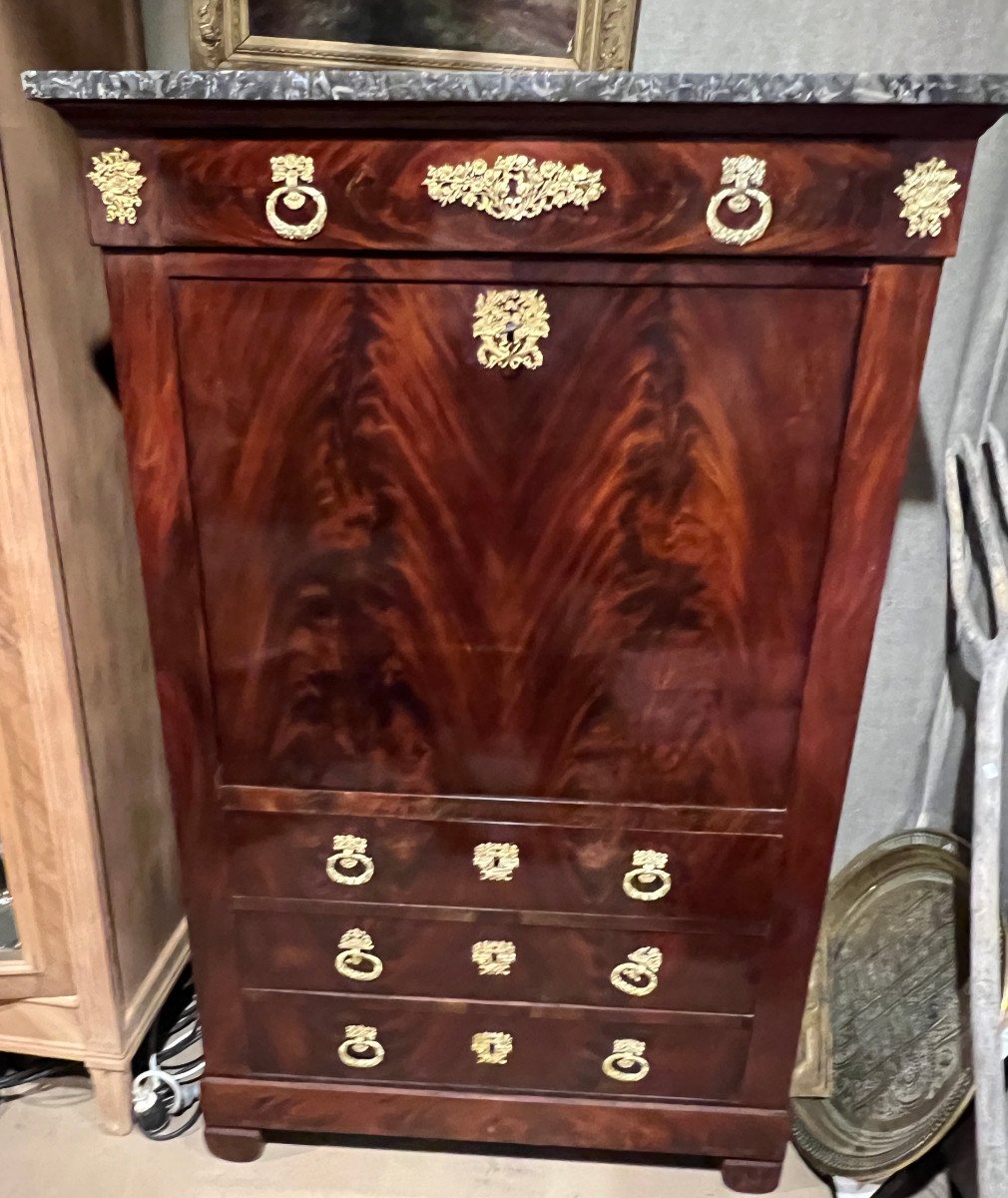 Secretary In Flamed Mahogany Stamped By Delevaux, Restoration Period.