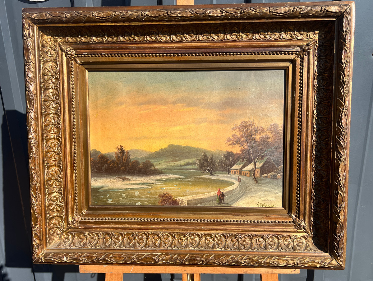 A. Meyers Painting Animated Landscape In Winter By The River.